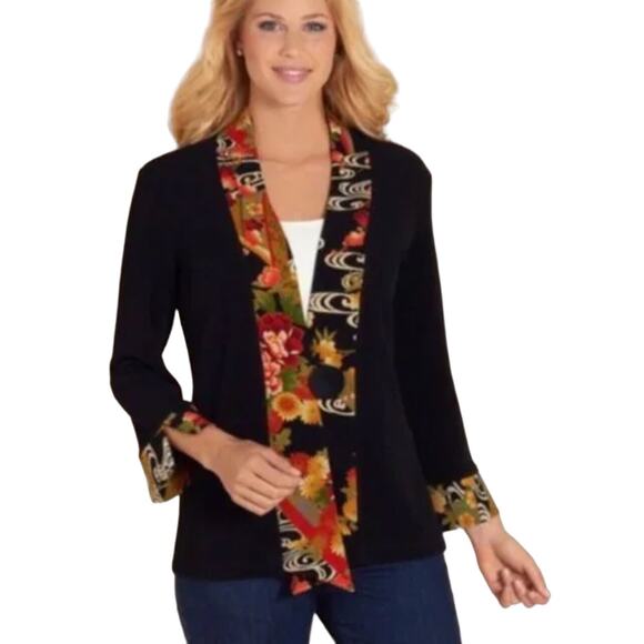 Soft Surroundings Black Floral Kimono Jacket Womens Size  Medium Button Close - Picture 2 of 5
